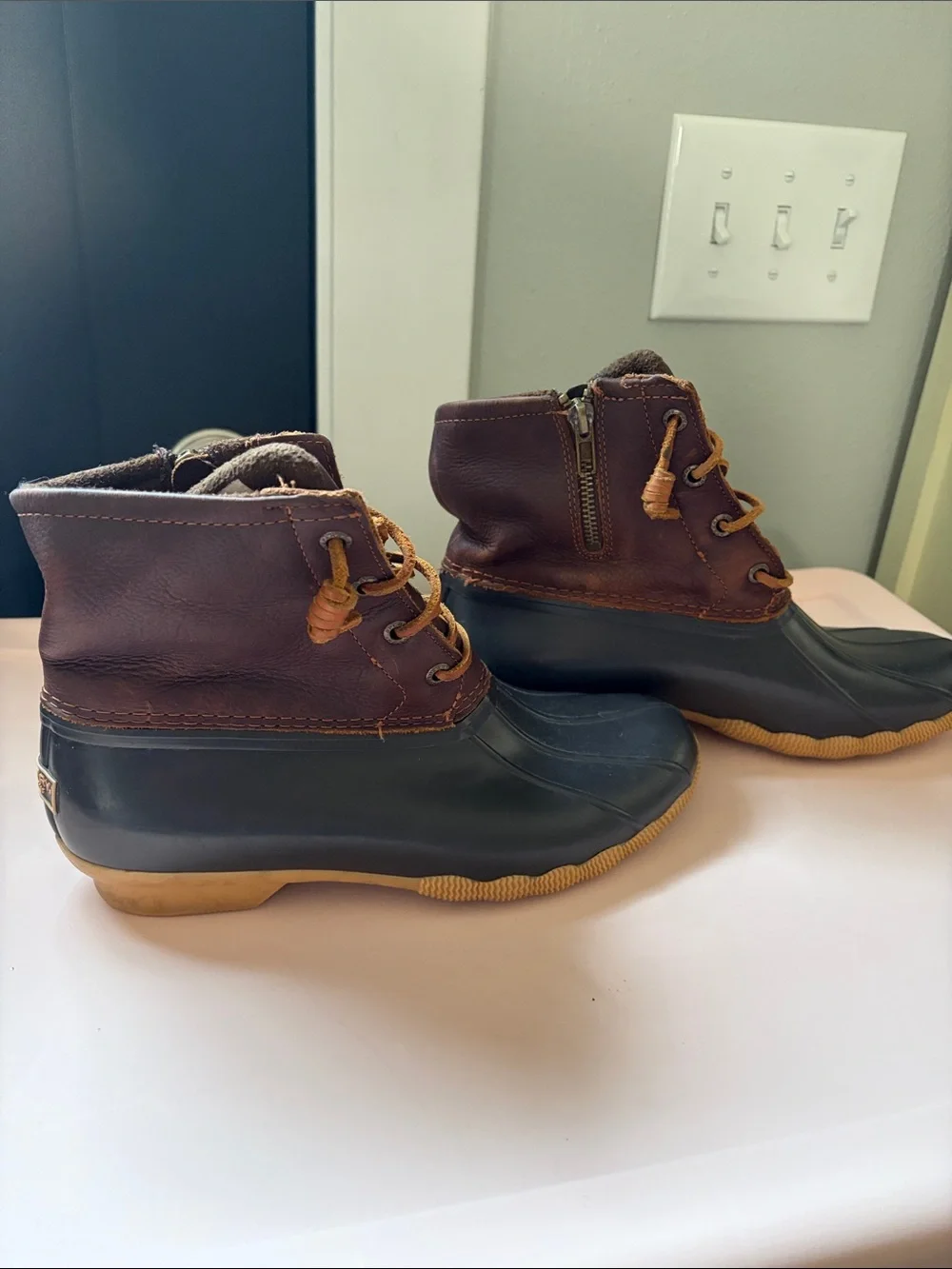 Sperry Brown Leather and Black Rubber Rain Boots with Tan Outsole